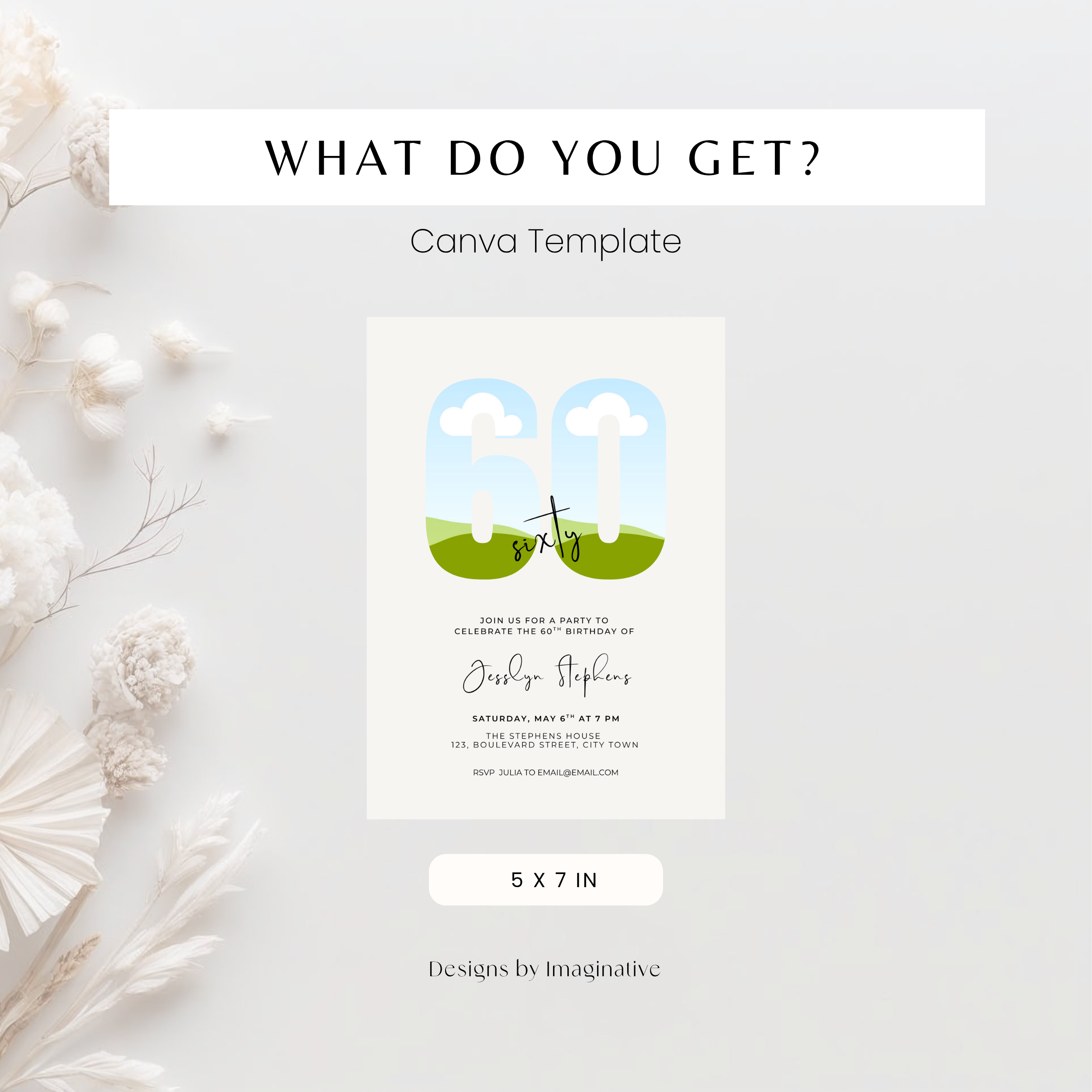 Invitation card with blue heart and green grass design on a white background