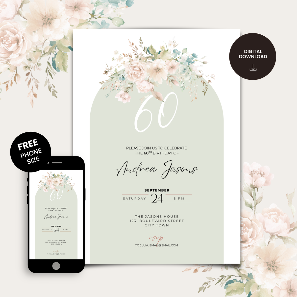 Floral 60th Birthday Invitation Women Template – image 4