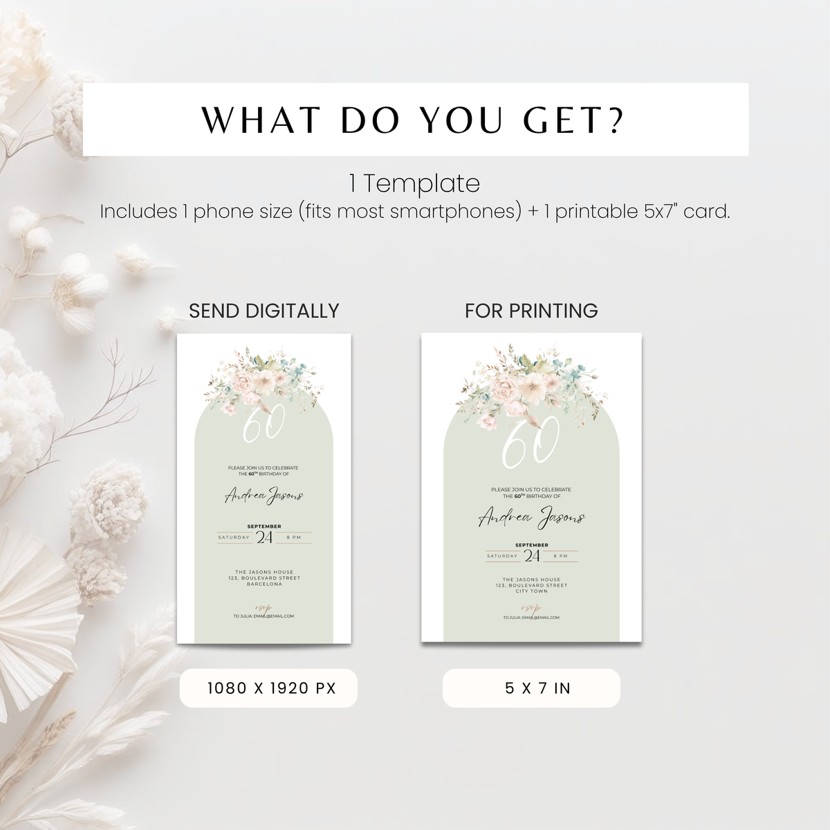 Floral 60th Birthday Invitation Women Template – image 5