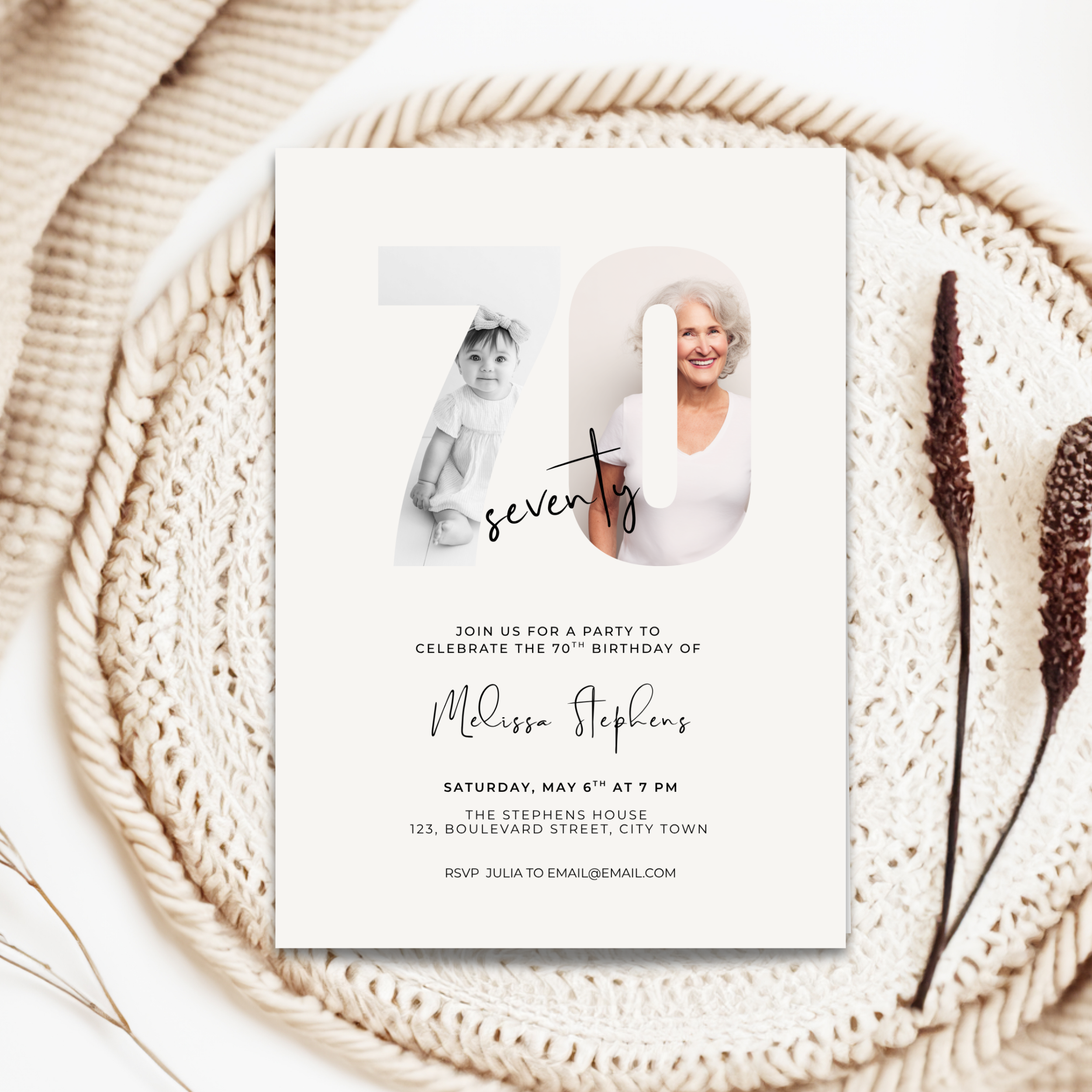 Elegant Photo 70th Birthday Invitation Template