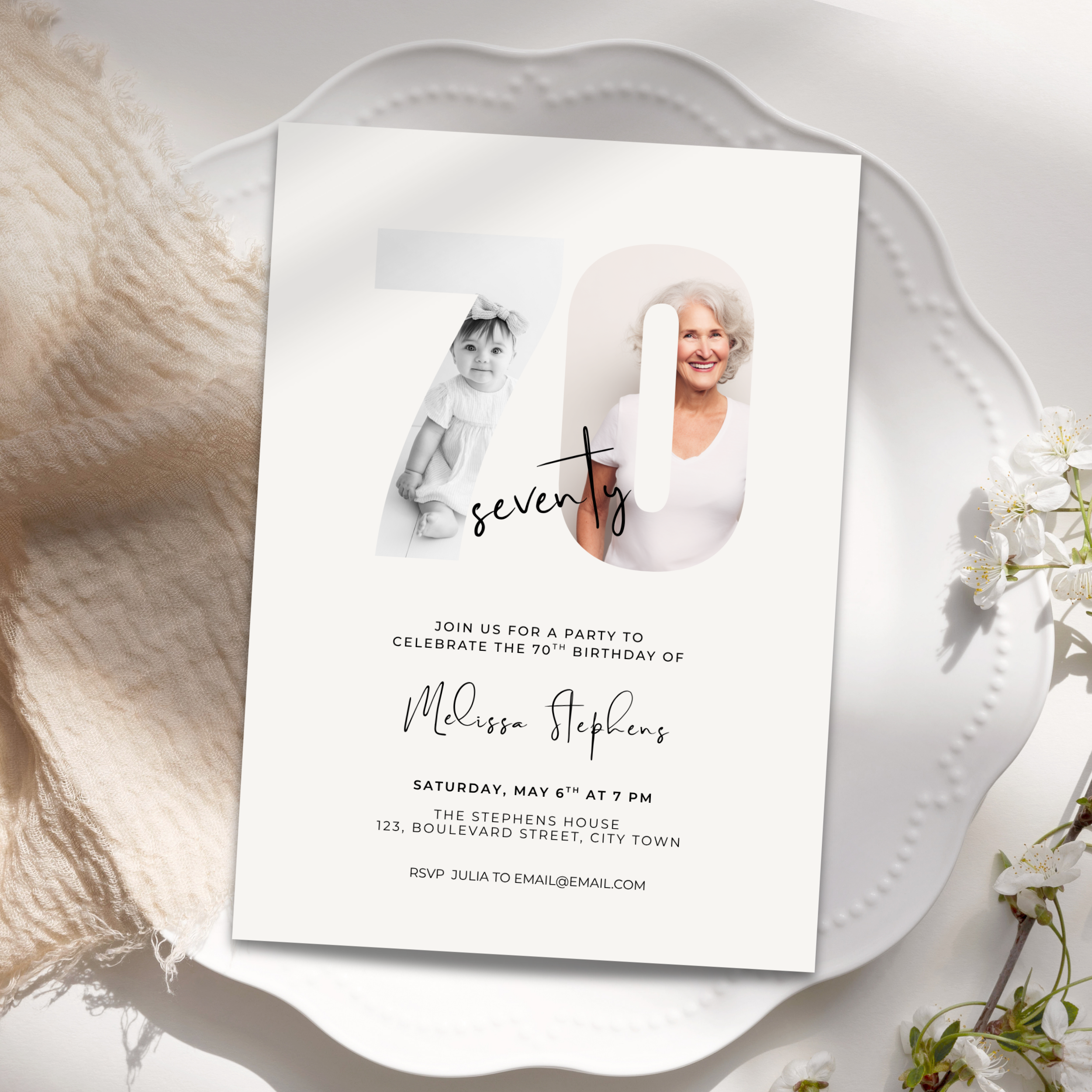 70th Birthday invitation card with photos of a woman on a decorative plate with flowers.