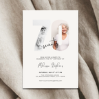 70th Birthday invitation card with two photos of a woman on a textured fabric background