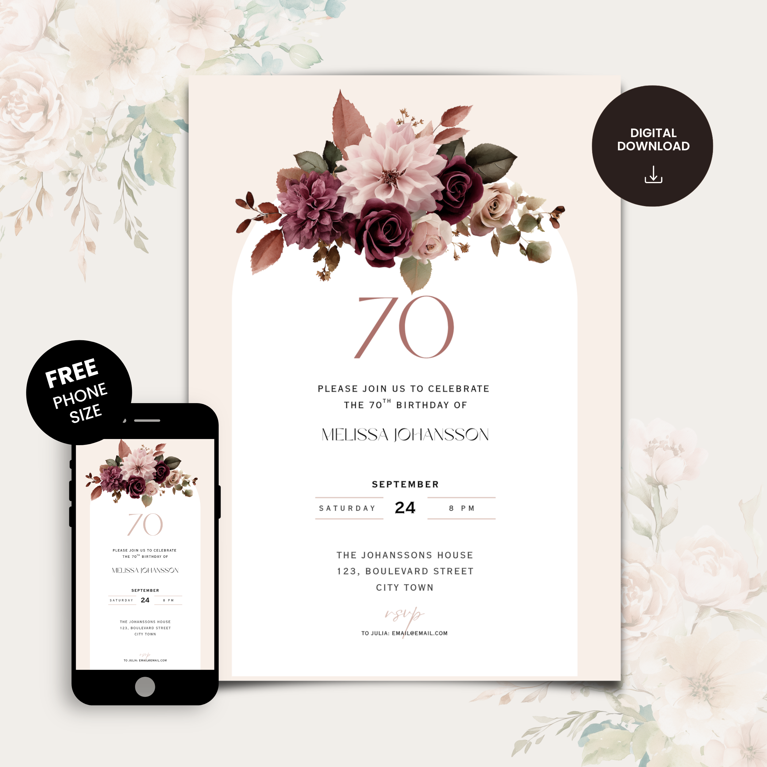 Pink Floral 70th Birthday Invitation Woman