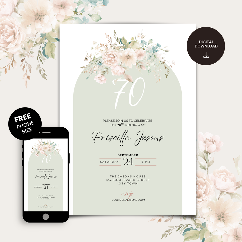 55th birthday invitation card with floral design on a white background