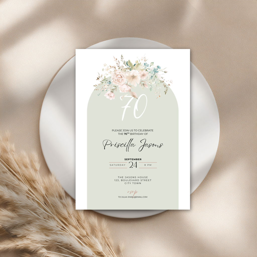 Invitation card for a 70th birthday celebration with floral design on a neutral background