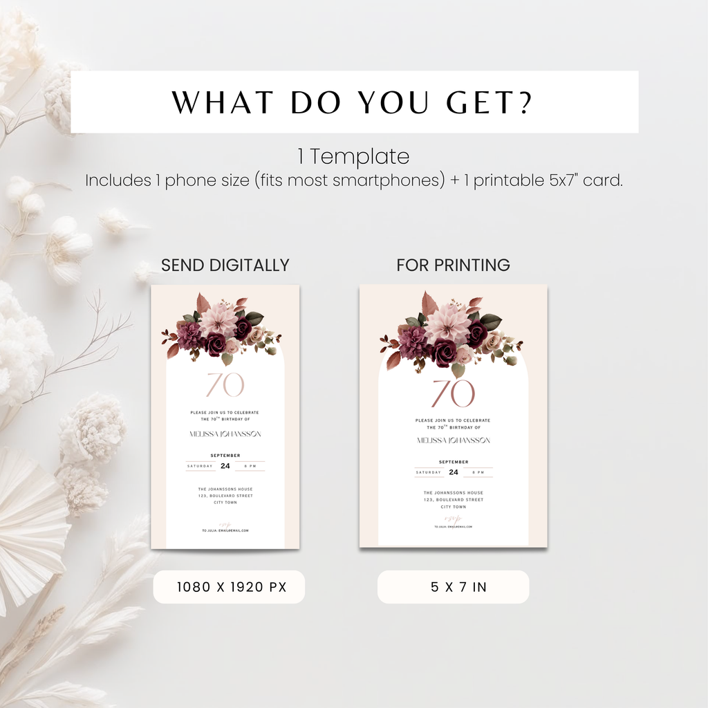 Pink Floral 70th Birthday Invitation Woman