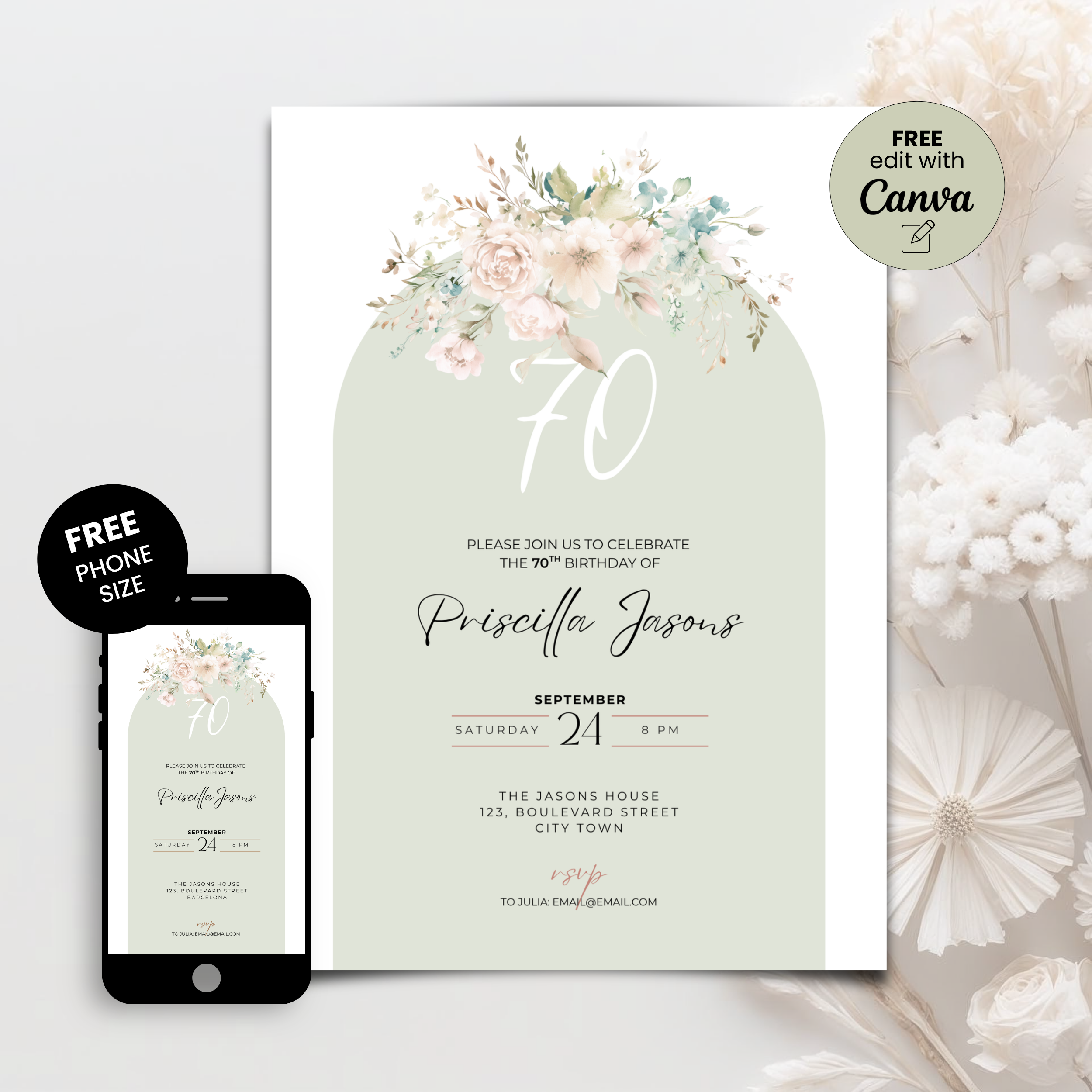 70th birthday invitation card with floral design and smartphone view on a white background
