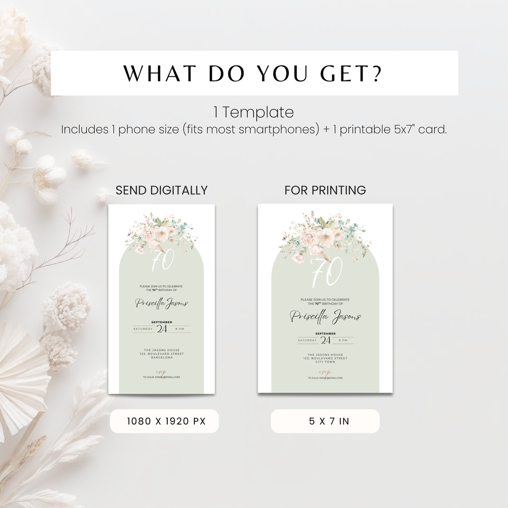 Digital and printable invitation template with floral design on a light background