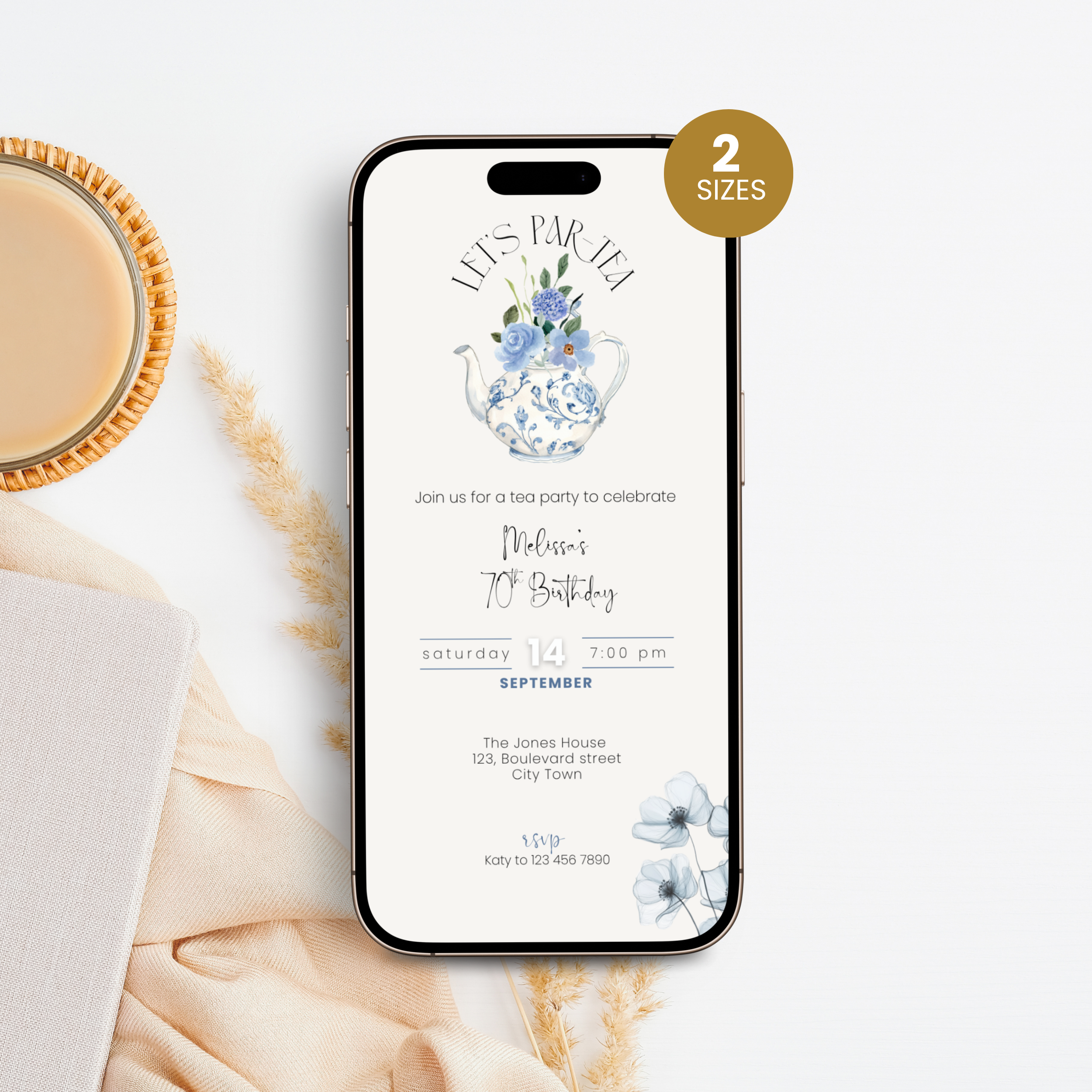French Toile Tea Party 70th Birthday Invitation