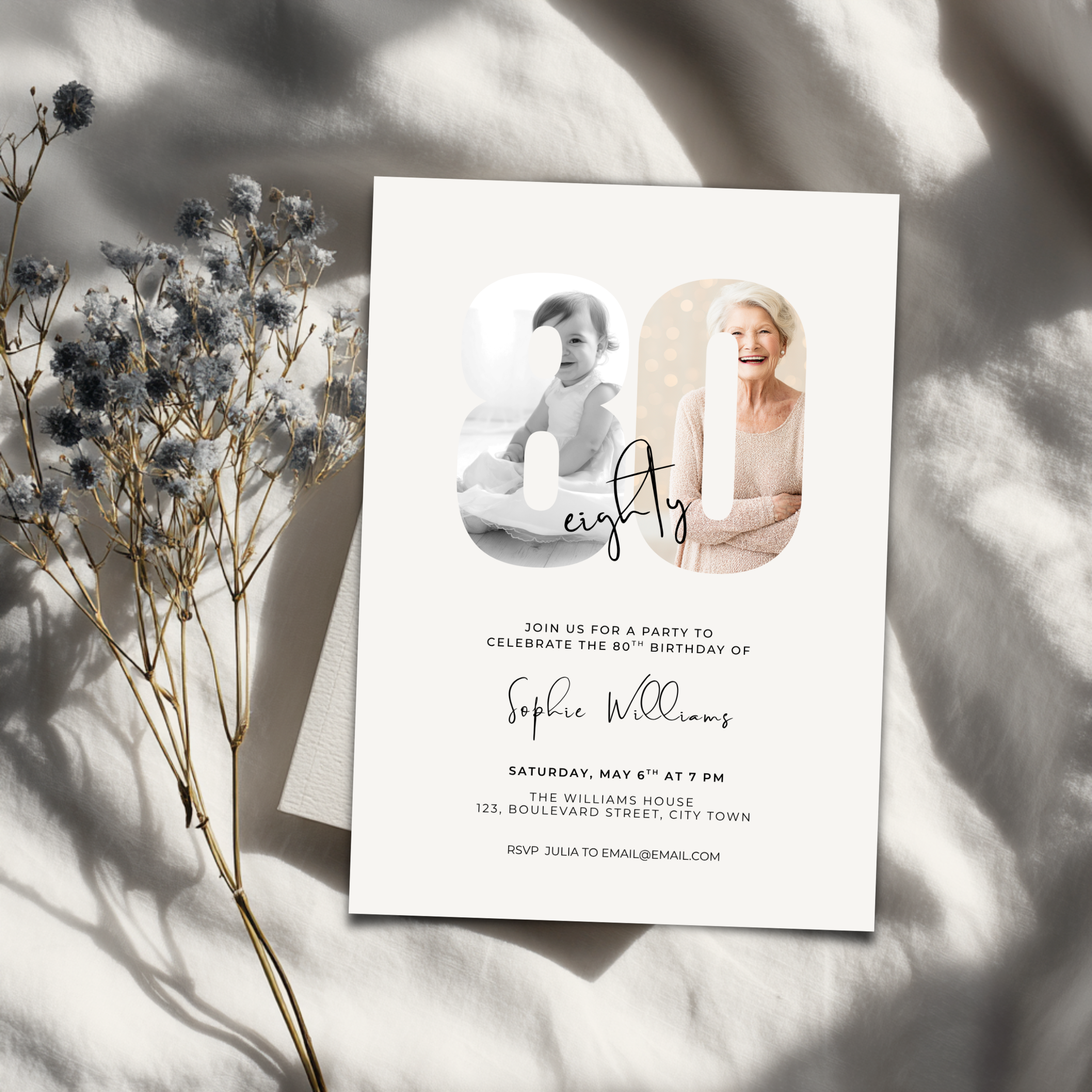 Elegant Photo 80th Birthday Invitation for Her