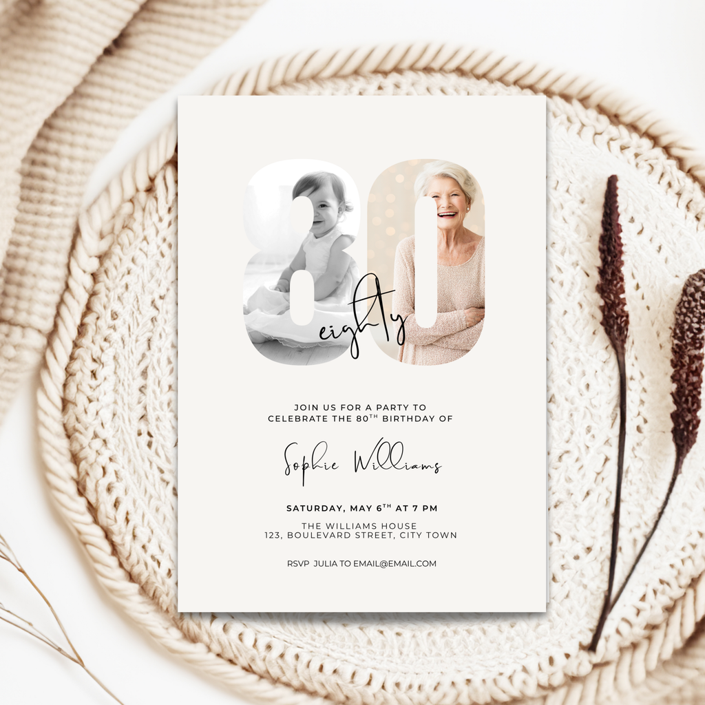 Elegant Photo 80th Birthday Invitation for Her