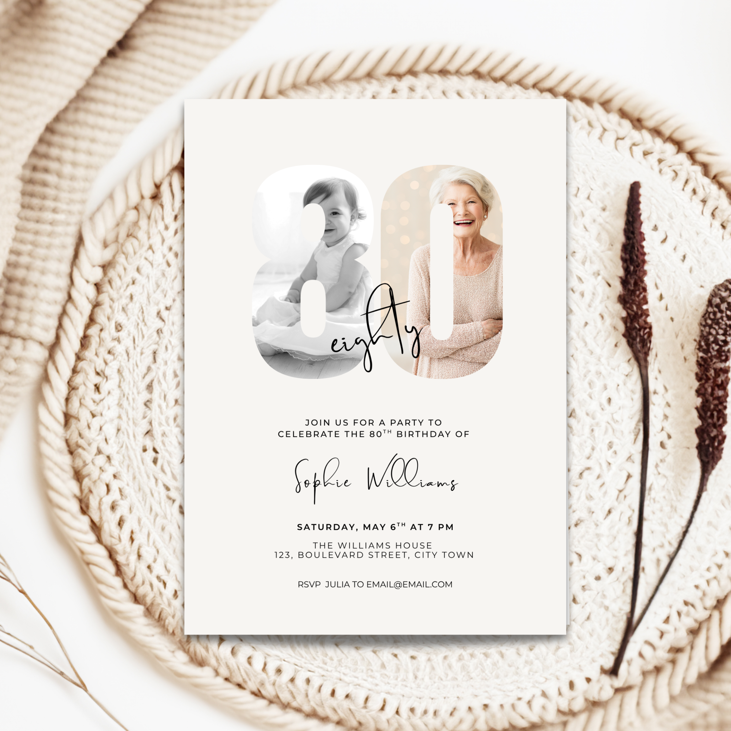 Elegant Photo 80th Birthday Invitation for Her