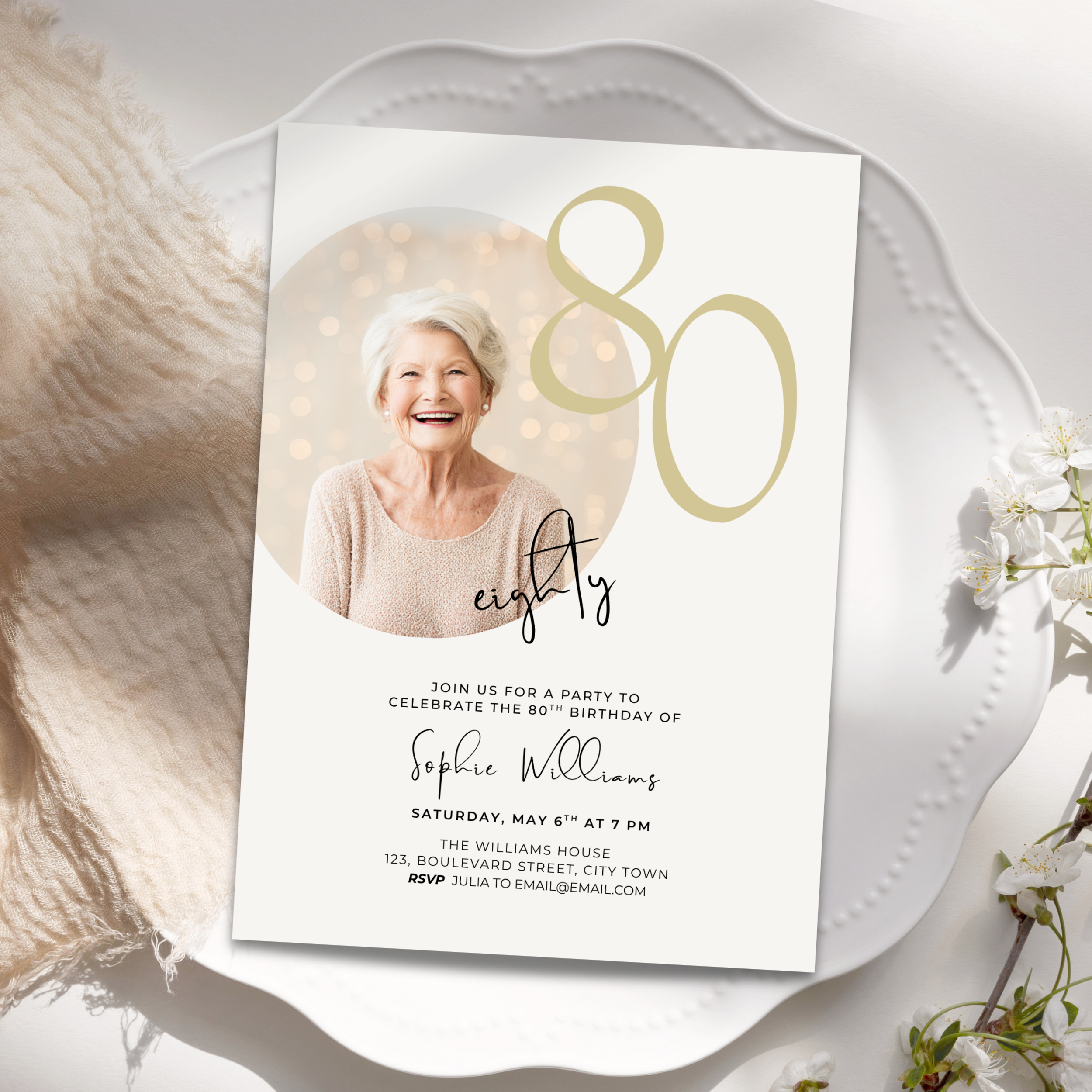 Minimal Photo 80th Birthday Invitation for Her