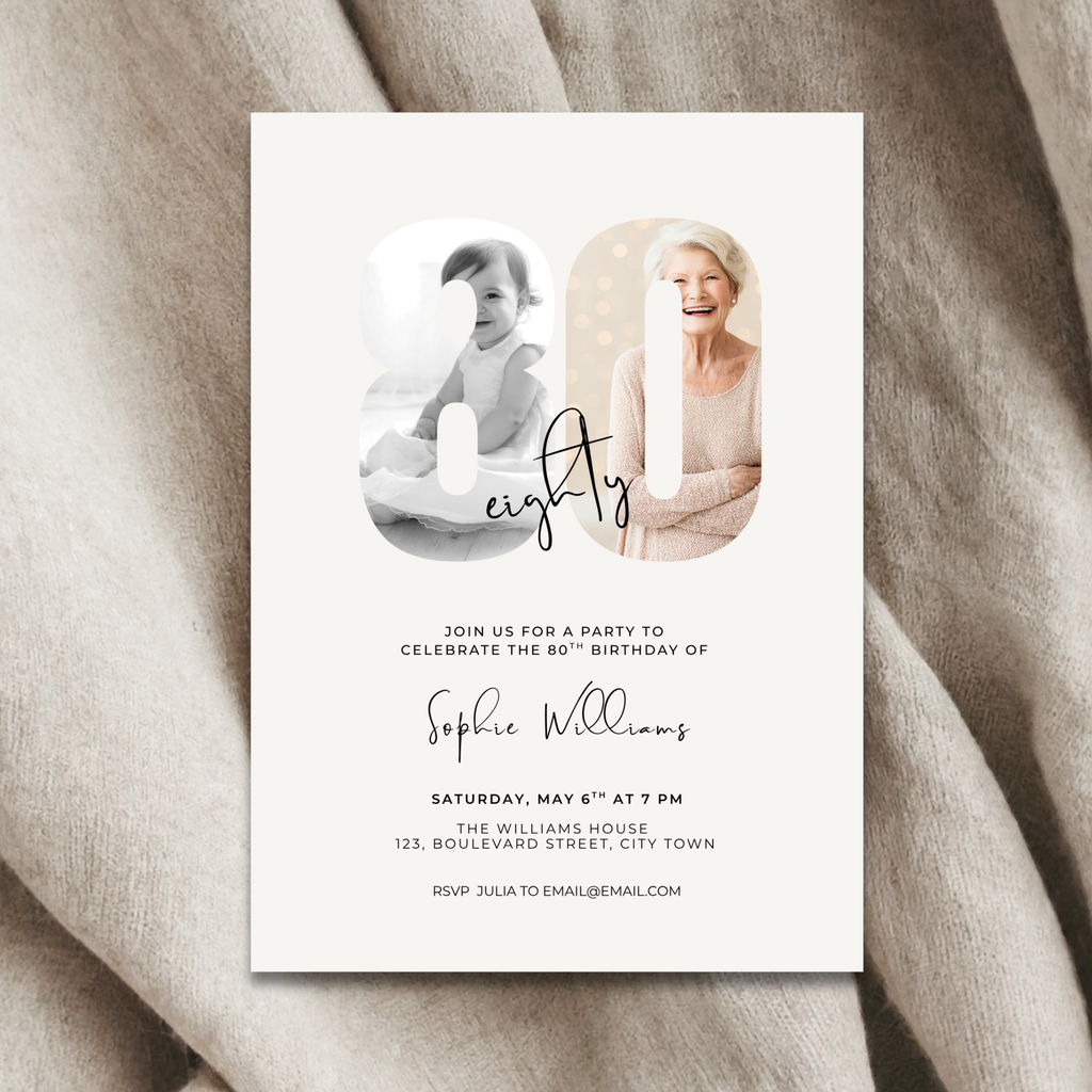 Elegant Photo 80th Birthday Invitation for Her