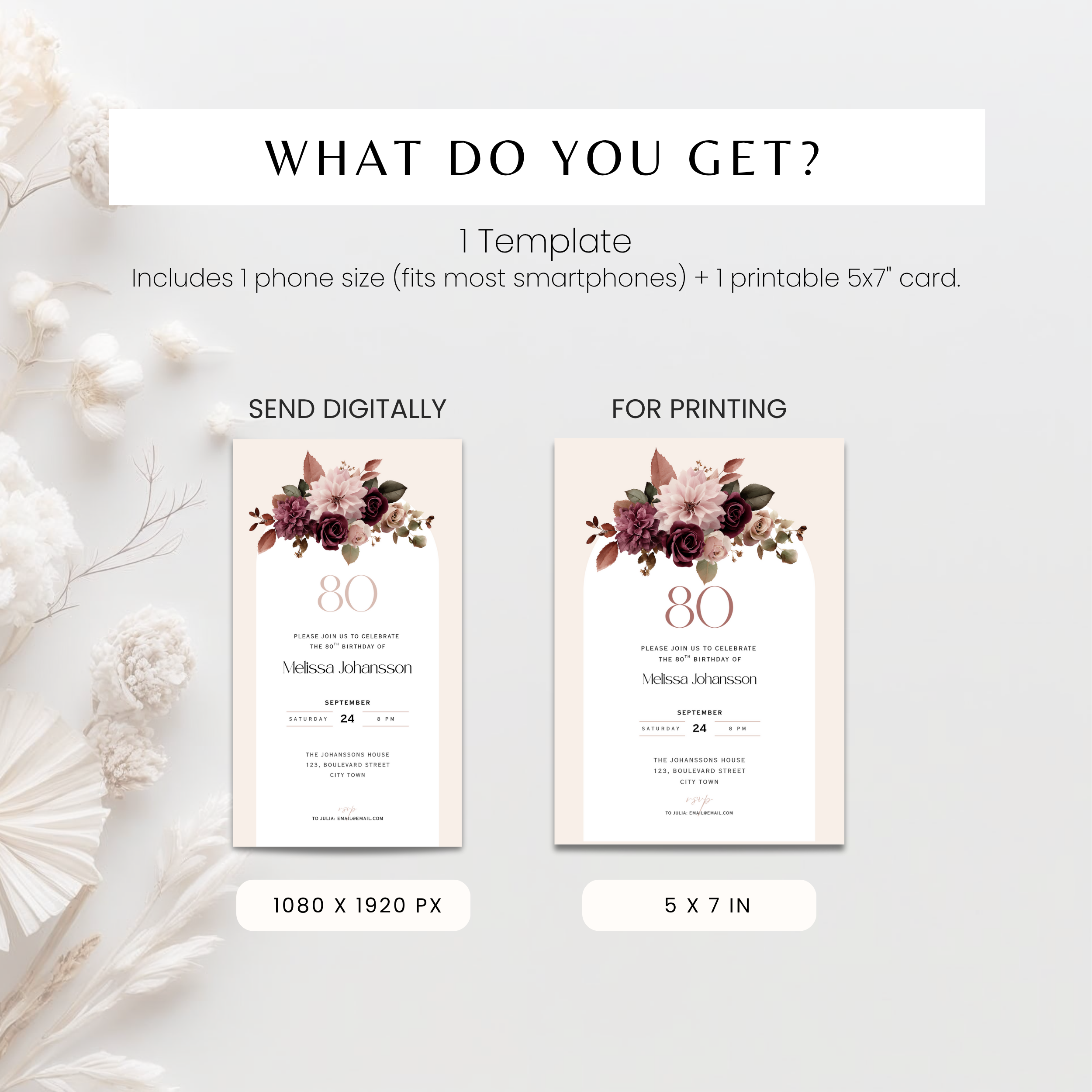 Pink Floral 80th Birthday Invitation