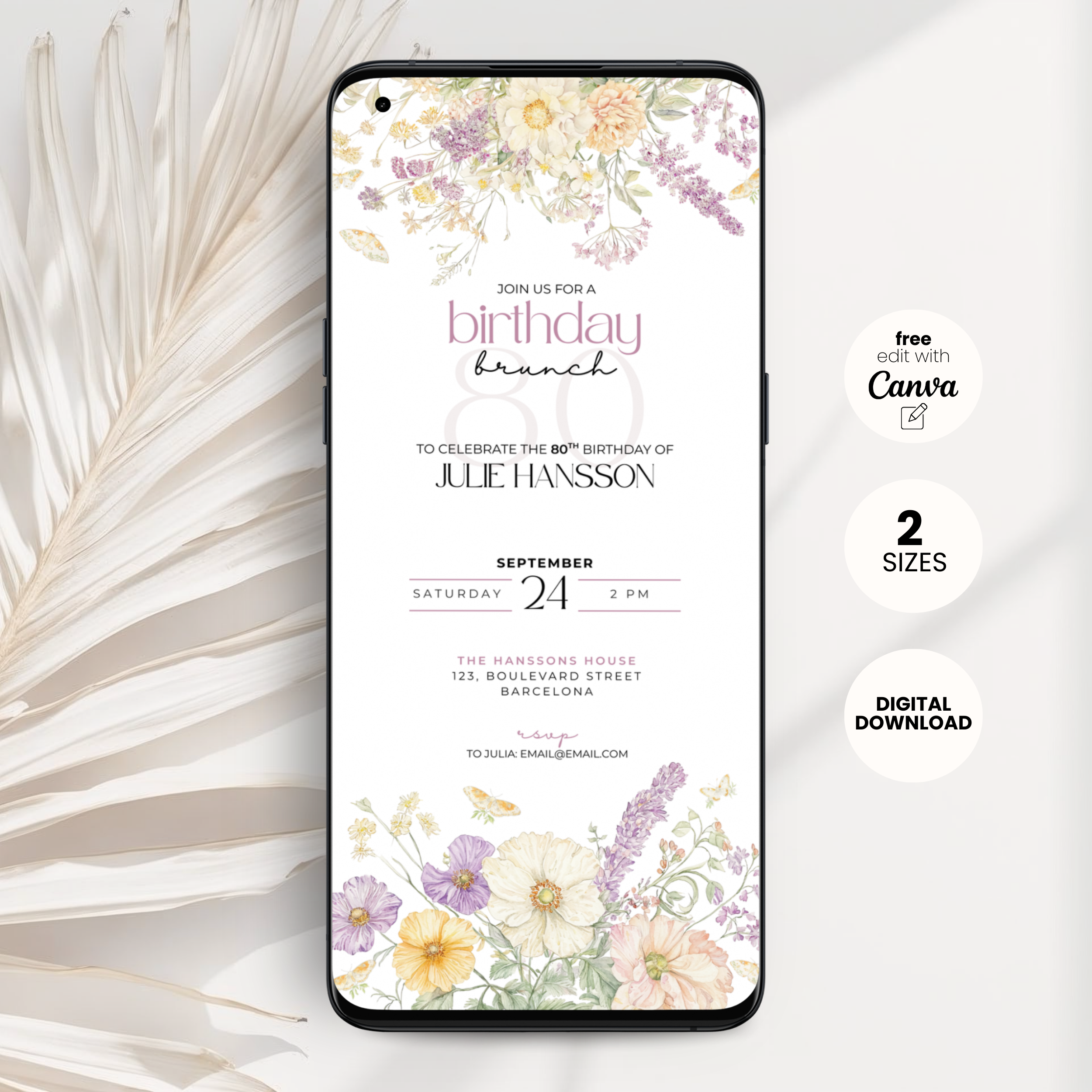 Floral 80th Birthday Brunch Invitation