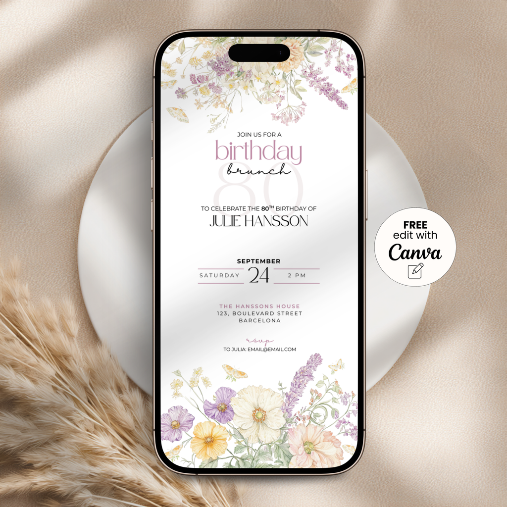 Floral 80th Birthday Brunch Invitation