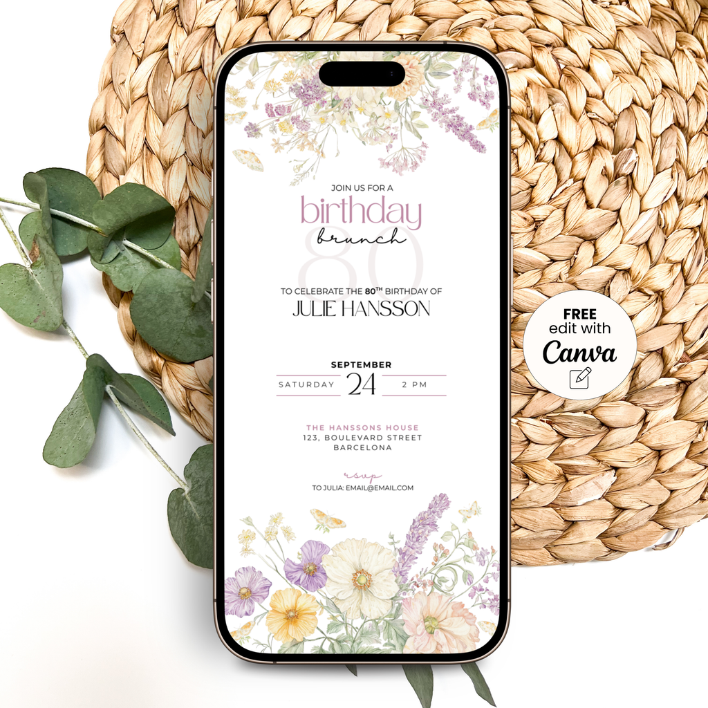 Floral 80th Birthday Brunch Invitation