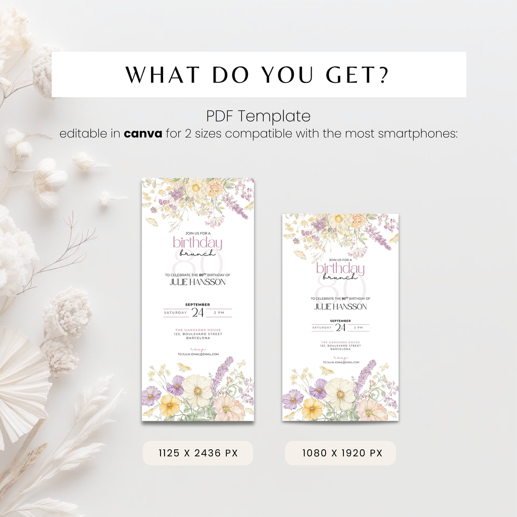 Floral 80th Birthday Brunch Invitation