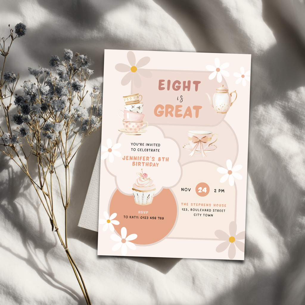 Pastel Tea Party Invitation 8th Birthday Girls