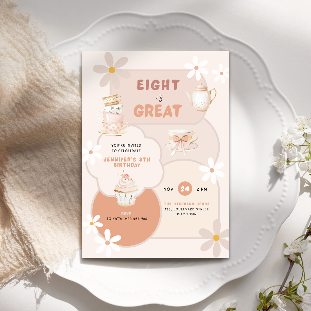 Pastel Tea Party Invitation 8th Birthday Girls