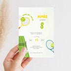 Hand holding a sports 8th birthday invitation card with tennis theme