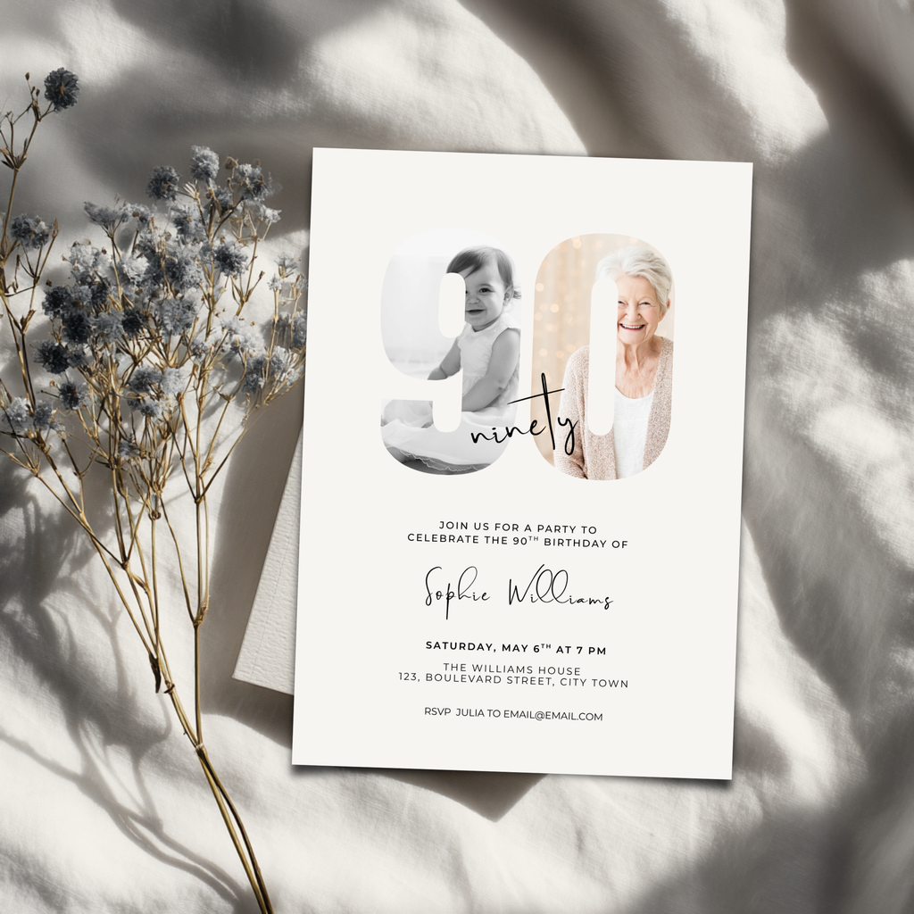Elegant Photo 90th Birthday Invitation for Her