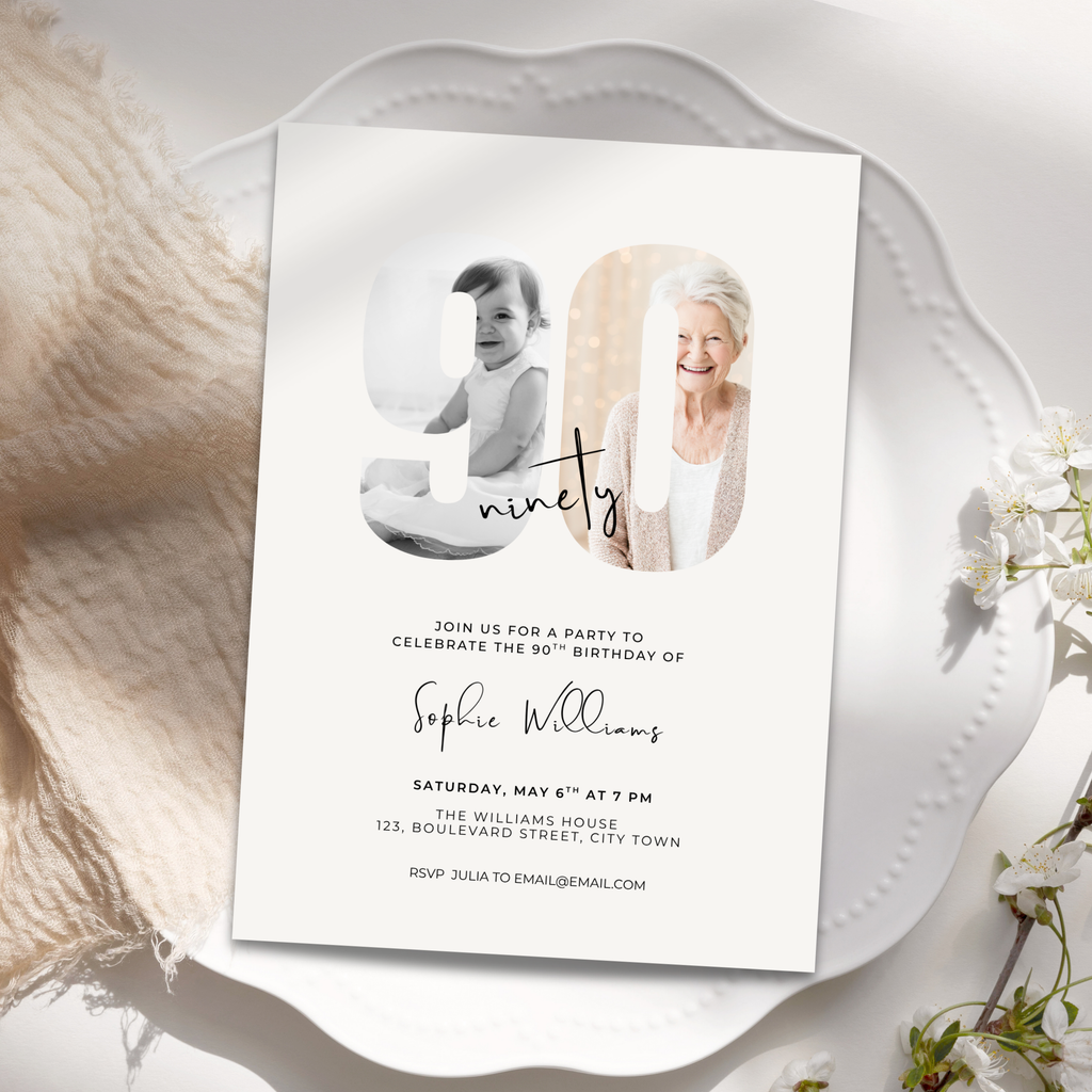 Elegant Photo 90th Birthday Invitation for Her