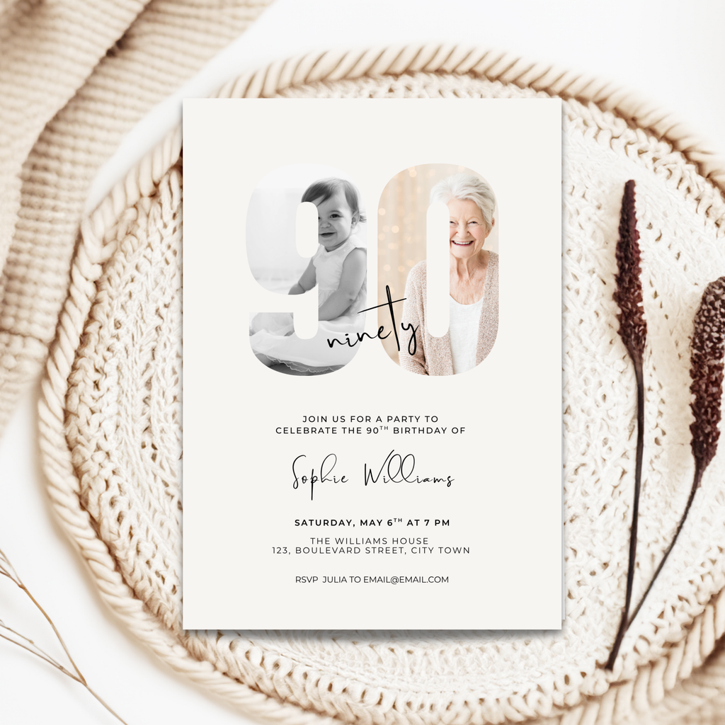 Elegant Photo 90th Birthday Invitation for Her