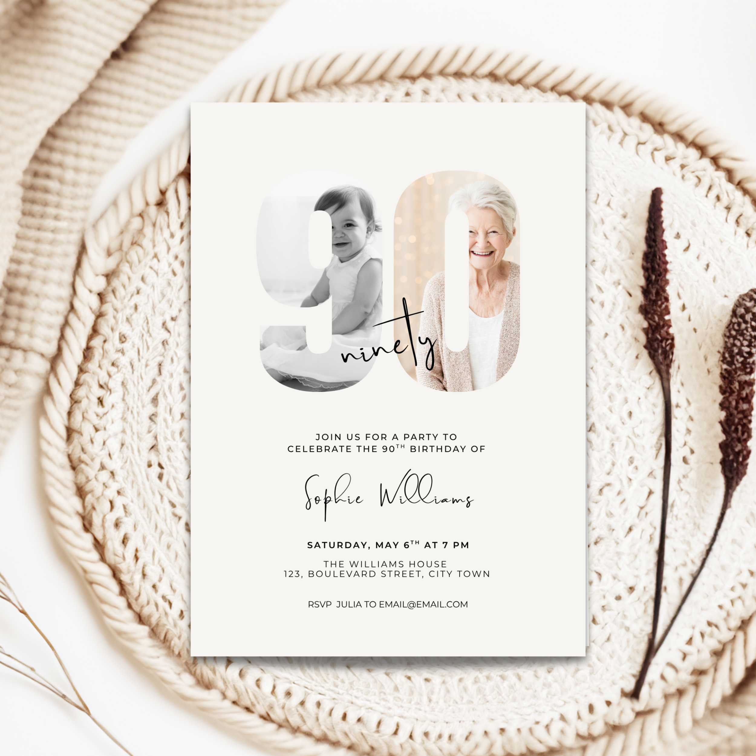 Elegant Photo 90th Birthday Invitation for Her