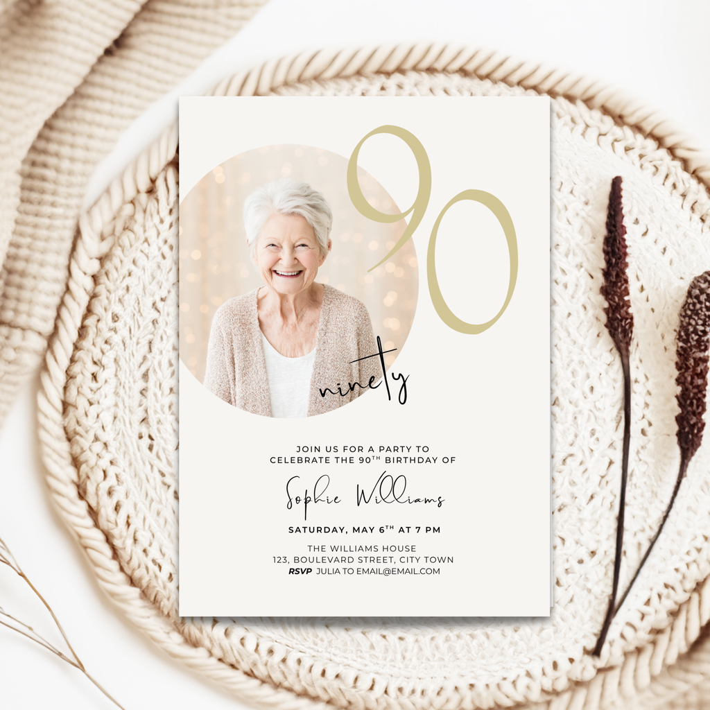 Invitation card for a 90th birthday party with a photo of an elderly woman on a woven surface.