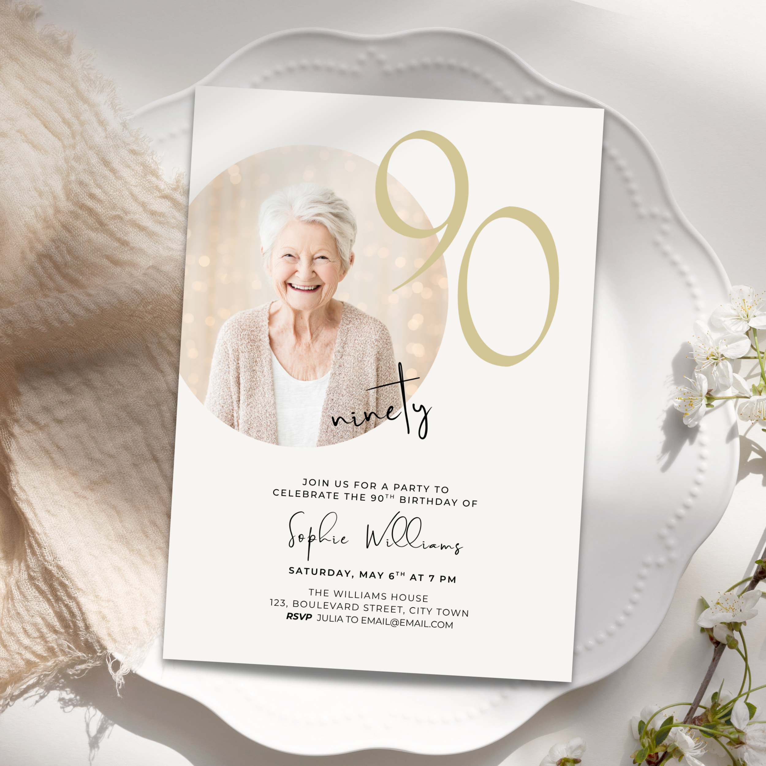 90th birthday invitation card with a photo of an elderly woman on a decorative white plate.