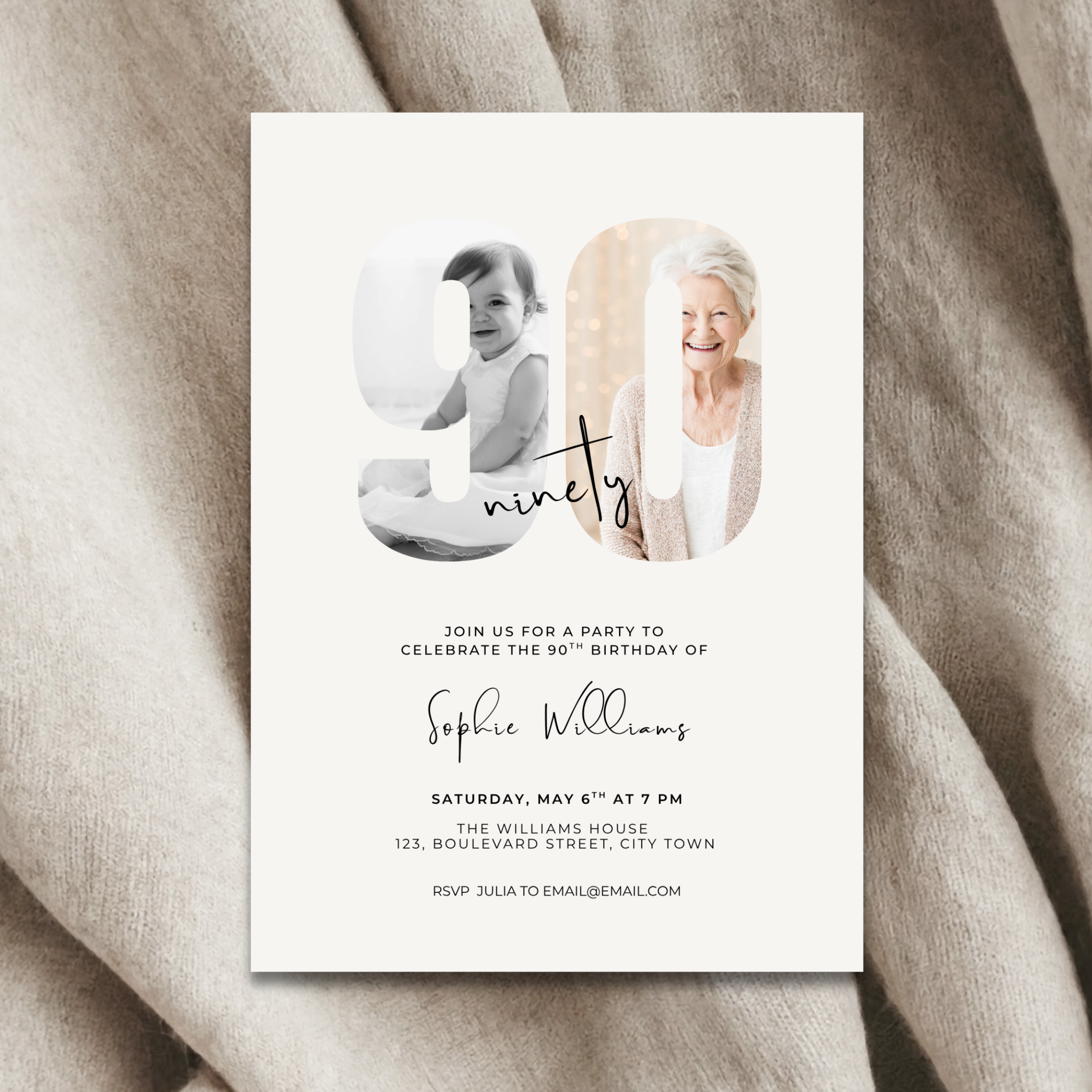 Elegant Photo 90th Birthday Invitation for Her