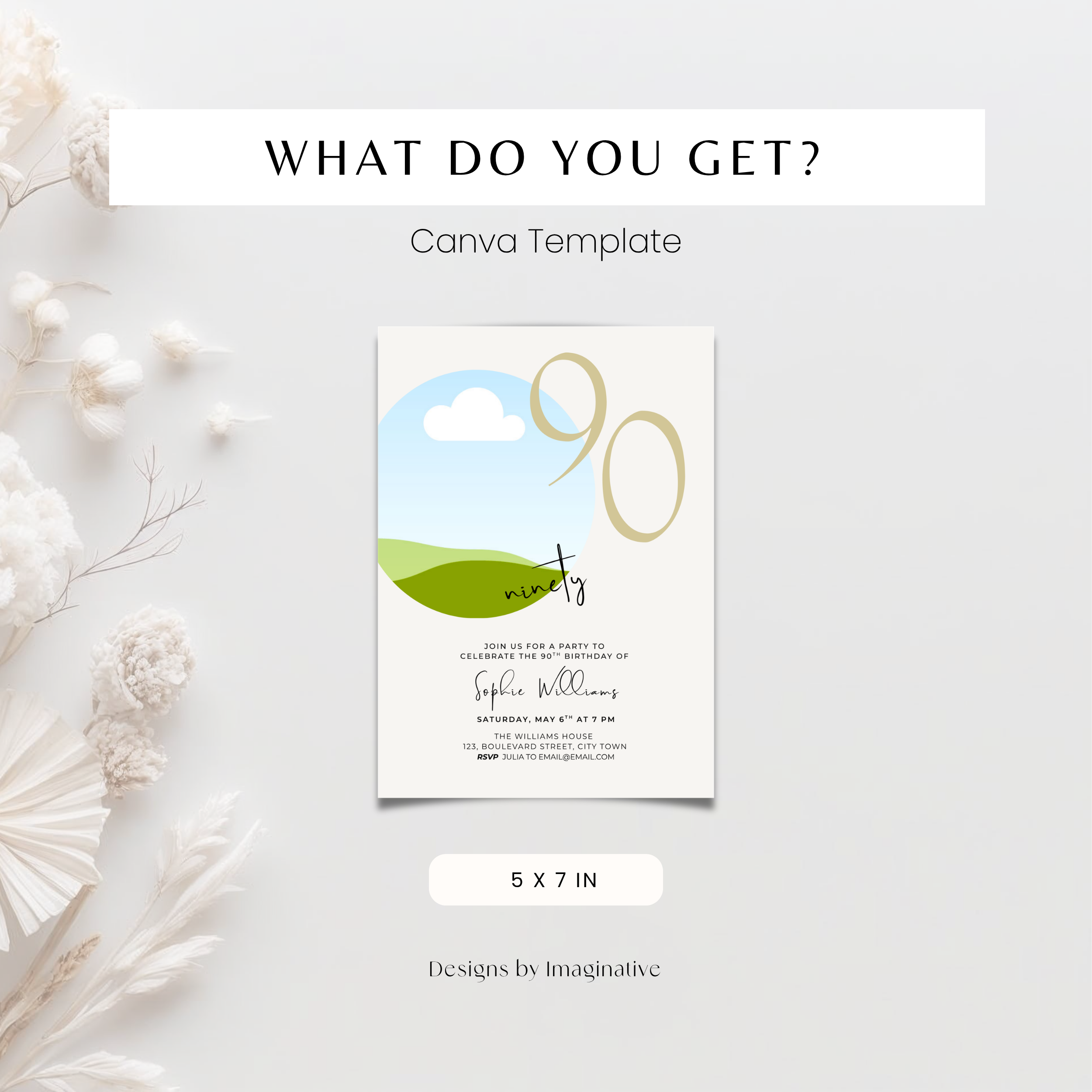 90th birthday invitation card template with scenic design on a white background