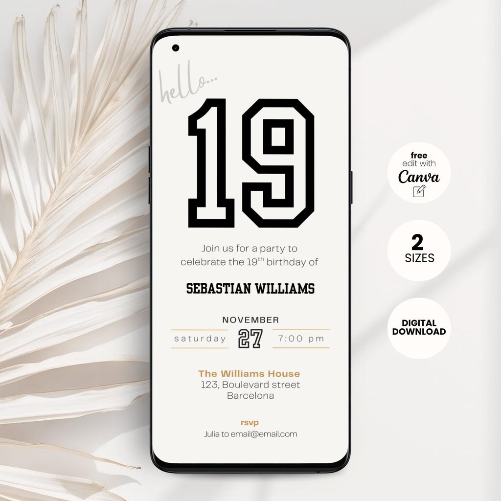 Phone screen displaying a 19th birthday invitation with the number 19 on a white background.