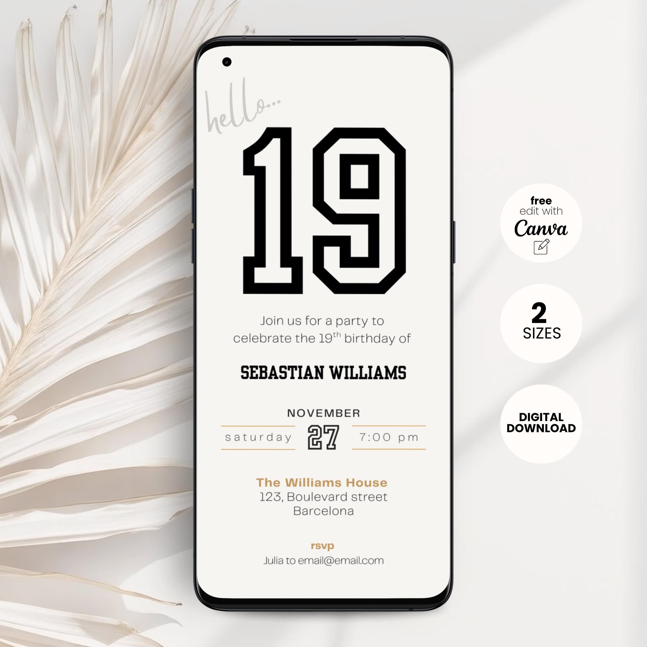 Phone screen displaying a 19th birthday invitation with the number 19 on a white background.