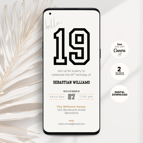 Phone screen displaying a 19th birthday invitation with the number 19 on a white background.