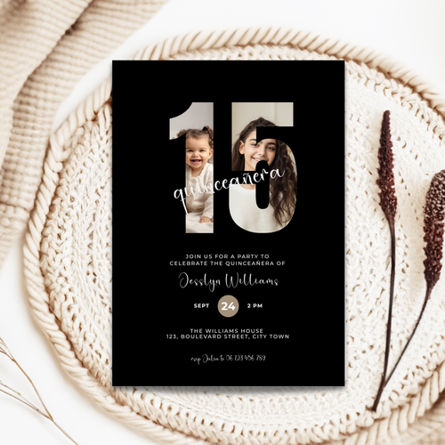Quinceañera invitation card with two photos of a woman and a child on a woven surface.