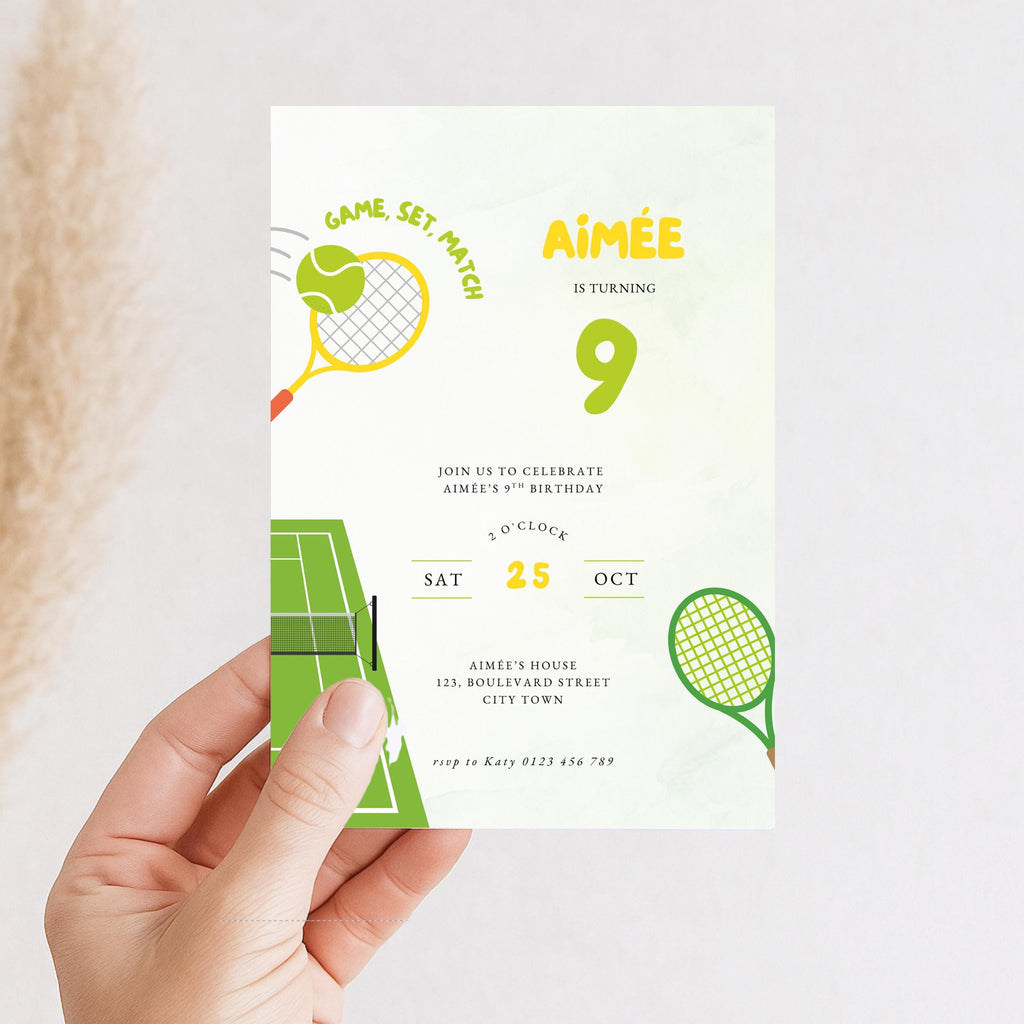 Tennis sports 9th birthday invitation card with tennis theme held by a hand