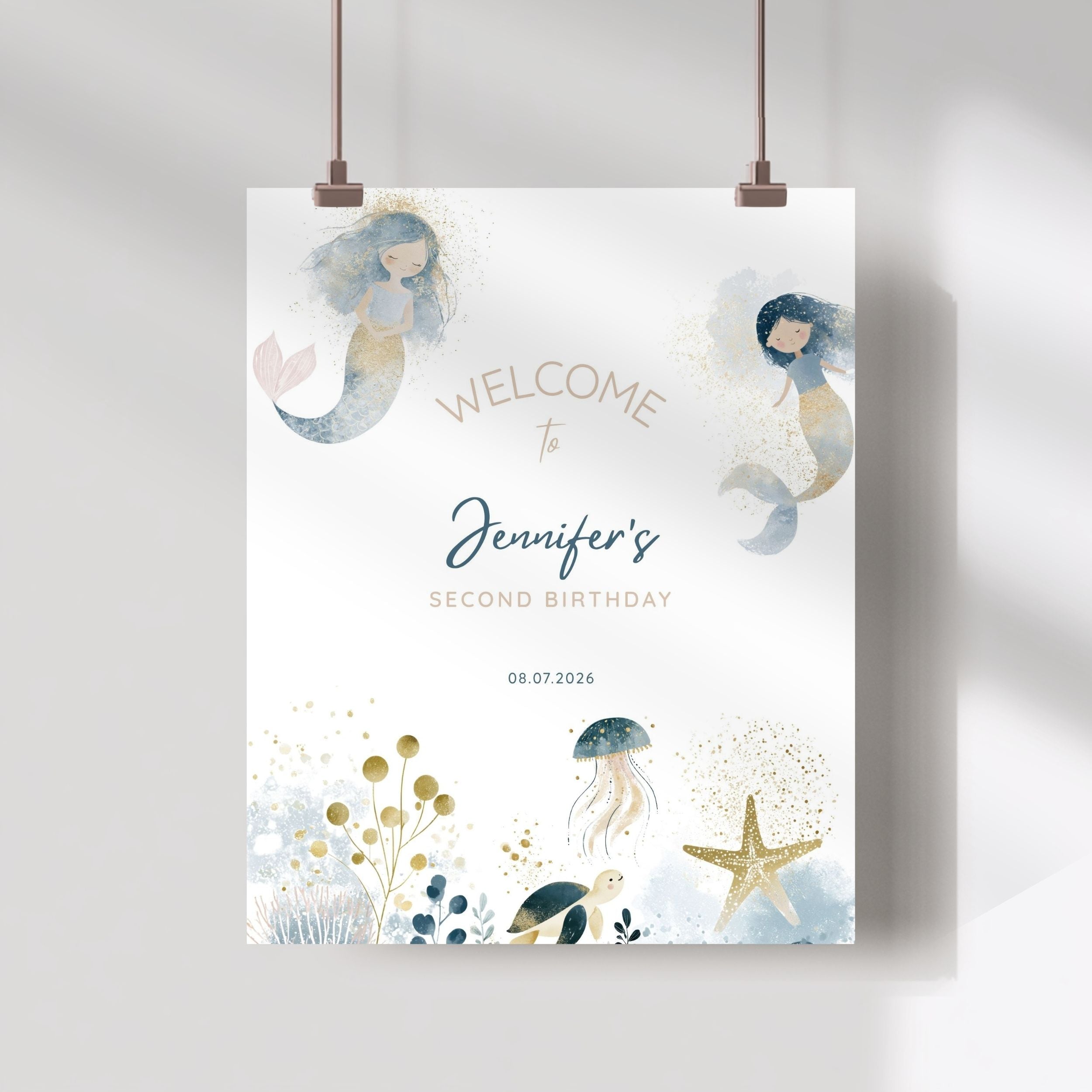A hanging personalized baby shower sign with a white background, featuring watercolor mermaids, jellyfish, a starfish, and gold glitter-style accents. The text reads 'WELCOME to Jennifer's SECOND BIRTHDAY' with the date '08.