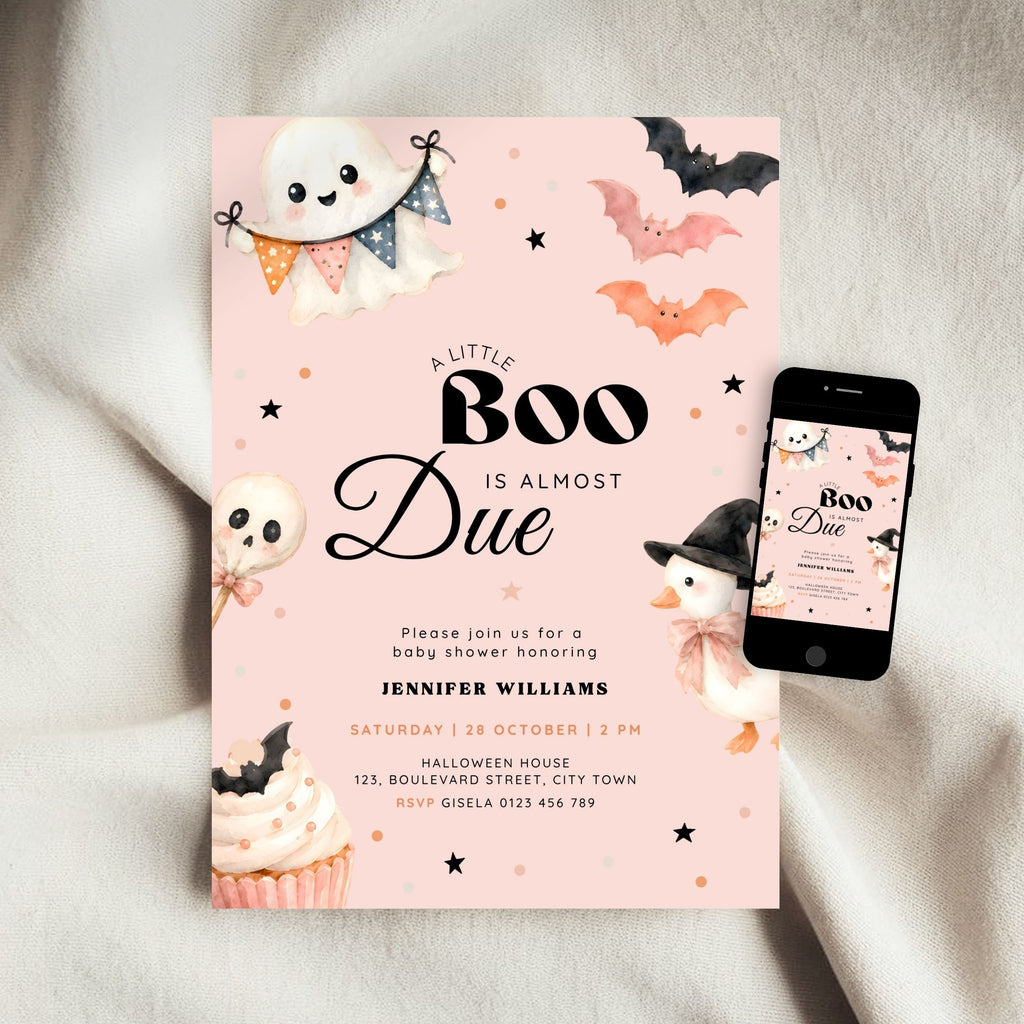 Pink Halloween Little Boo Baby Shower Invitation Set