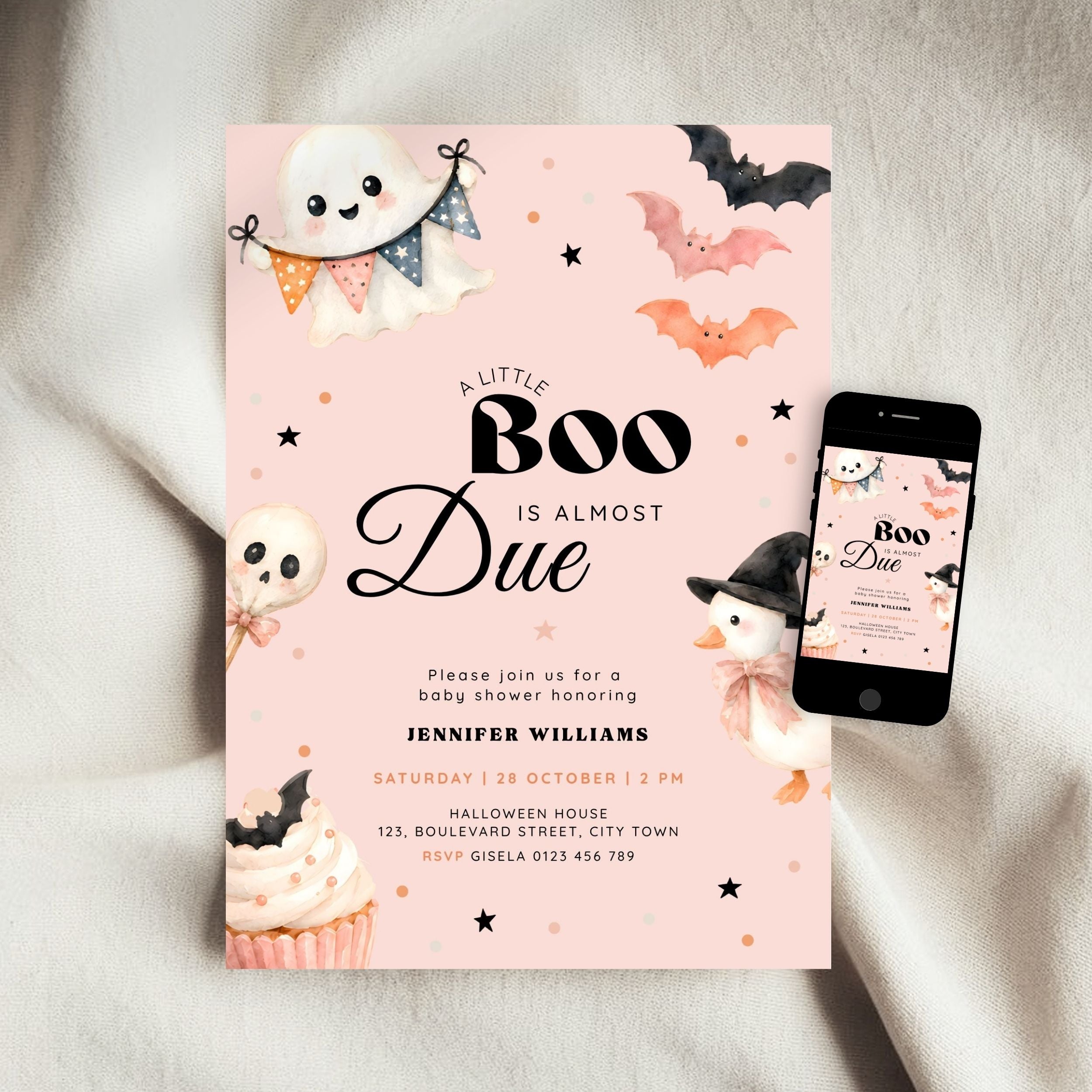 Pink Halloween Little Boo Baby Shower Invitation Set