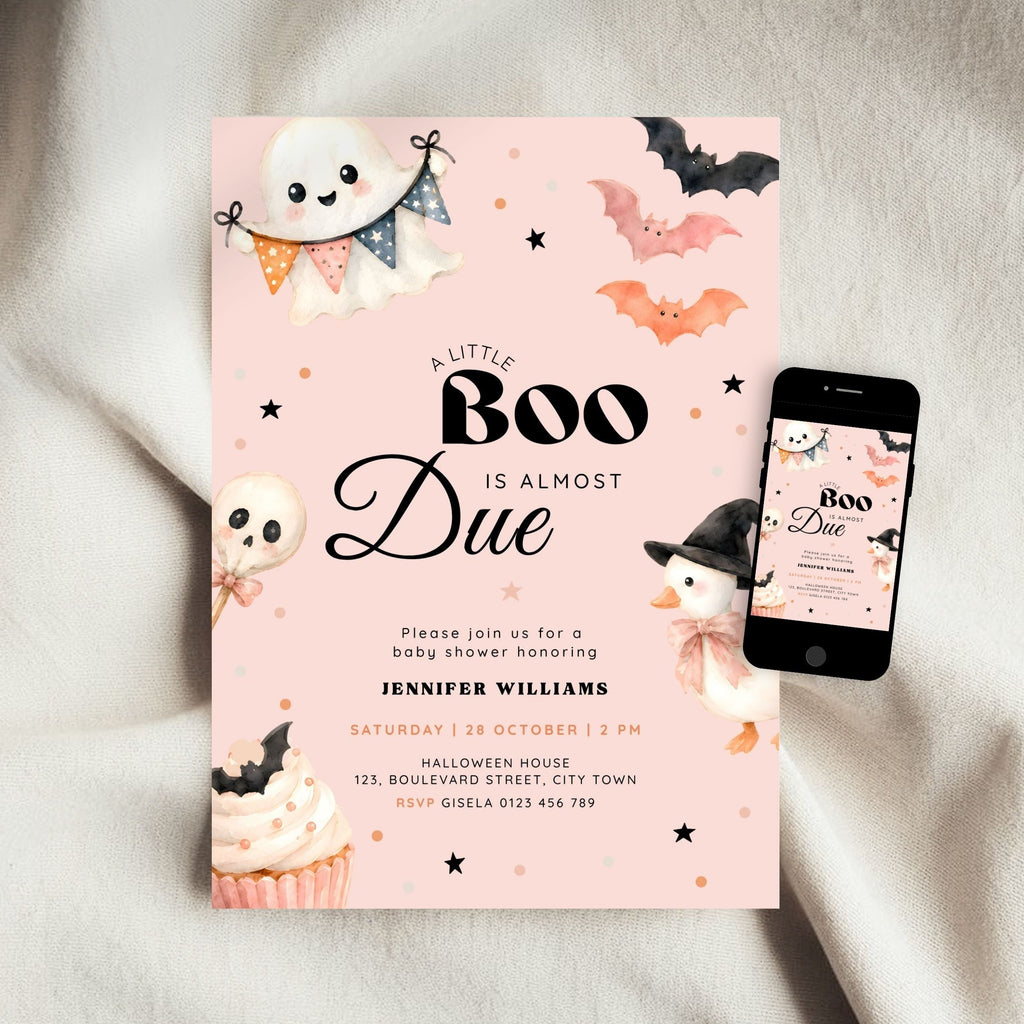 Pink Halloween baby shower invitation shown on smartphone screen