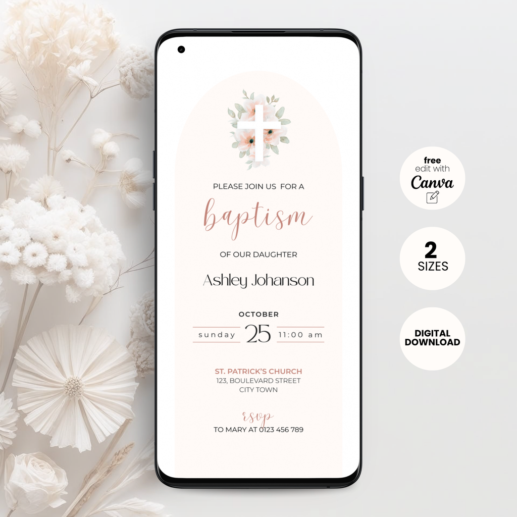 Pink Arched Baptism Invitation Girls