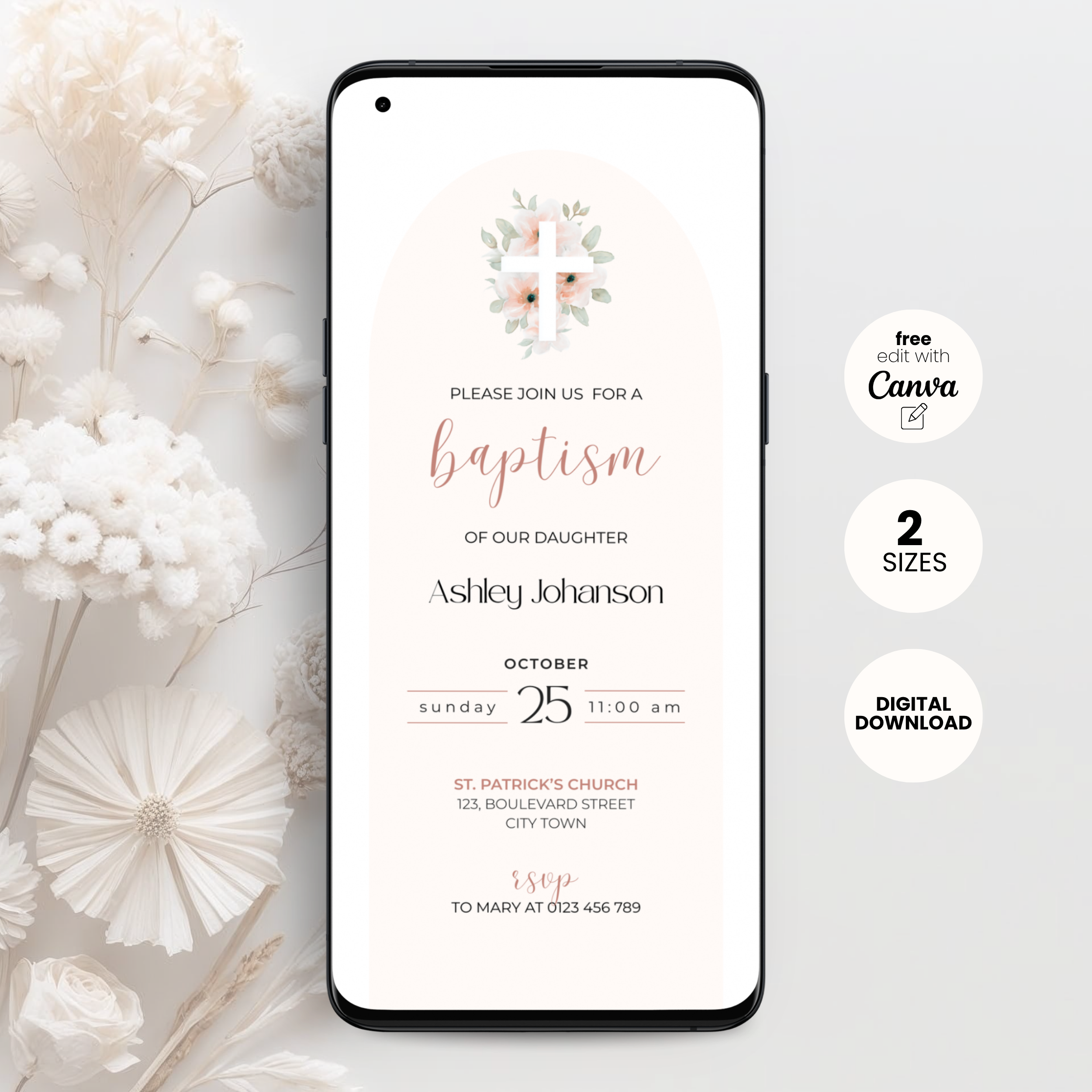 Pink Arched Baptism Invitation Girls