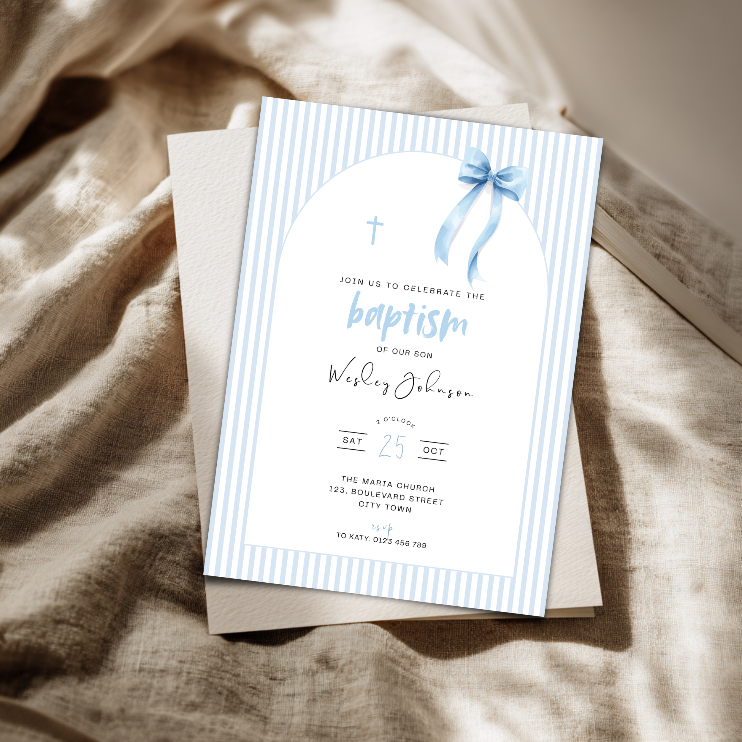Striped Blue Bow Baptism Invitation