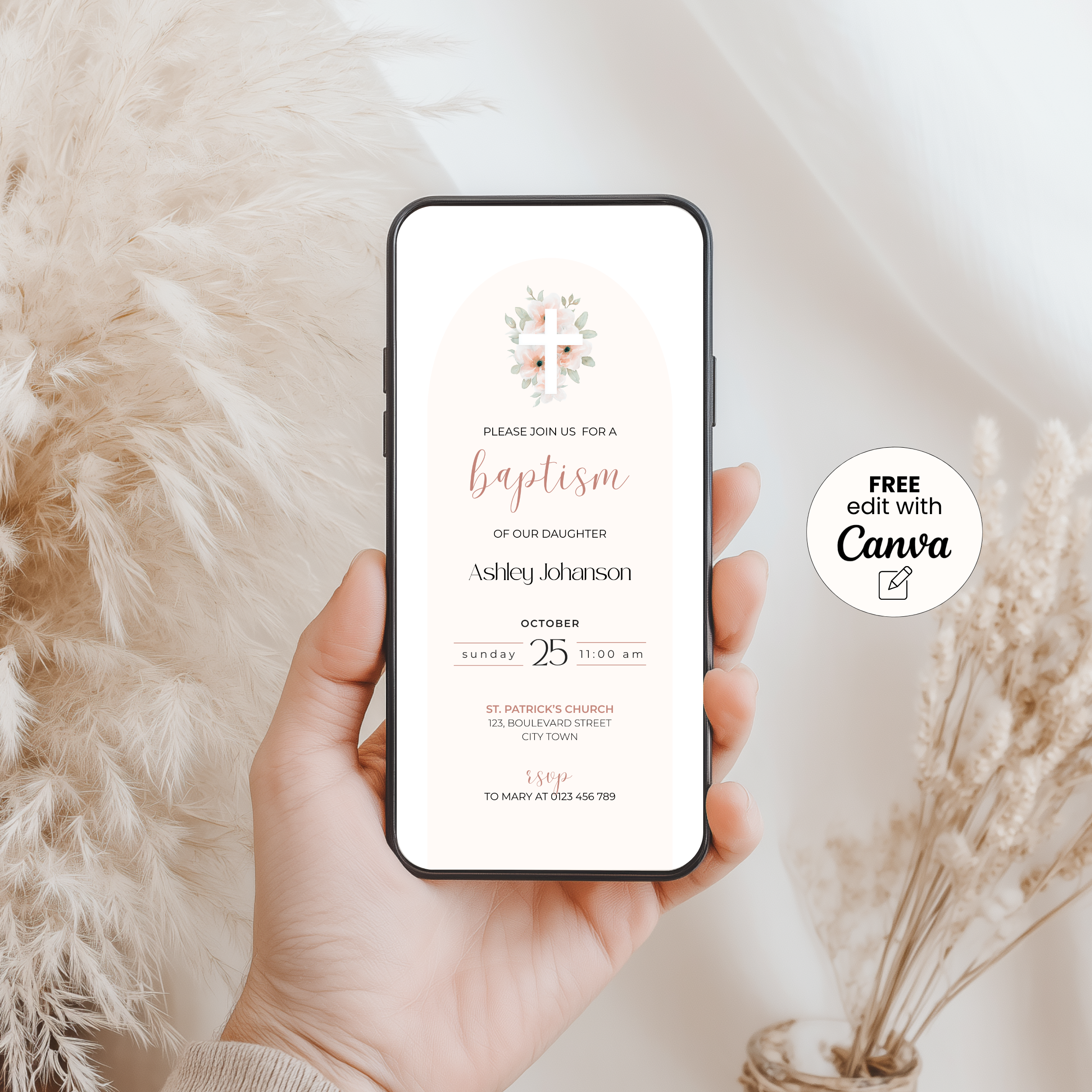 Pink Arched Baptism Invitation Girls