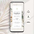 Phone screen displaying a baptism invitation with floral design on a white background