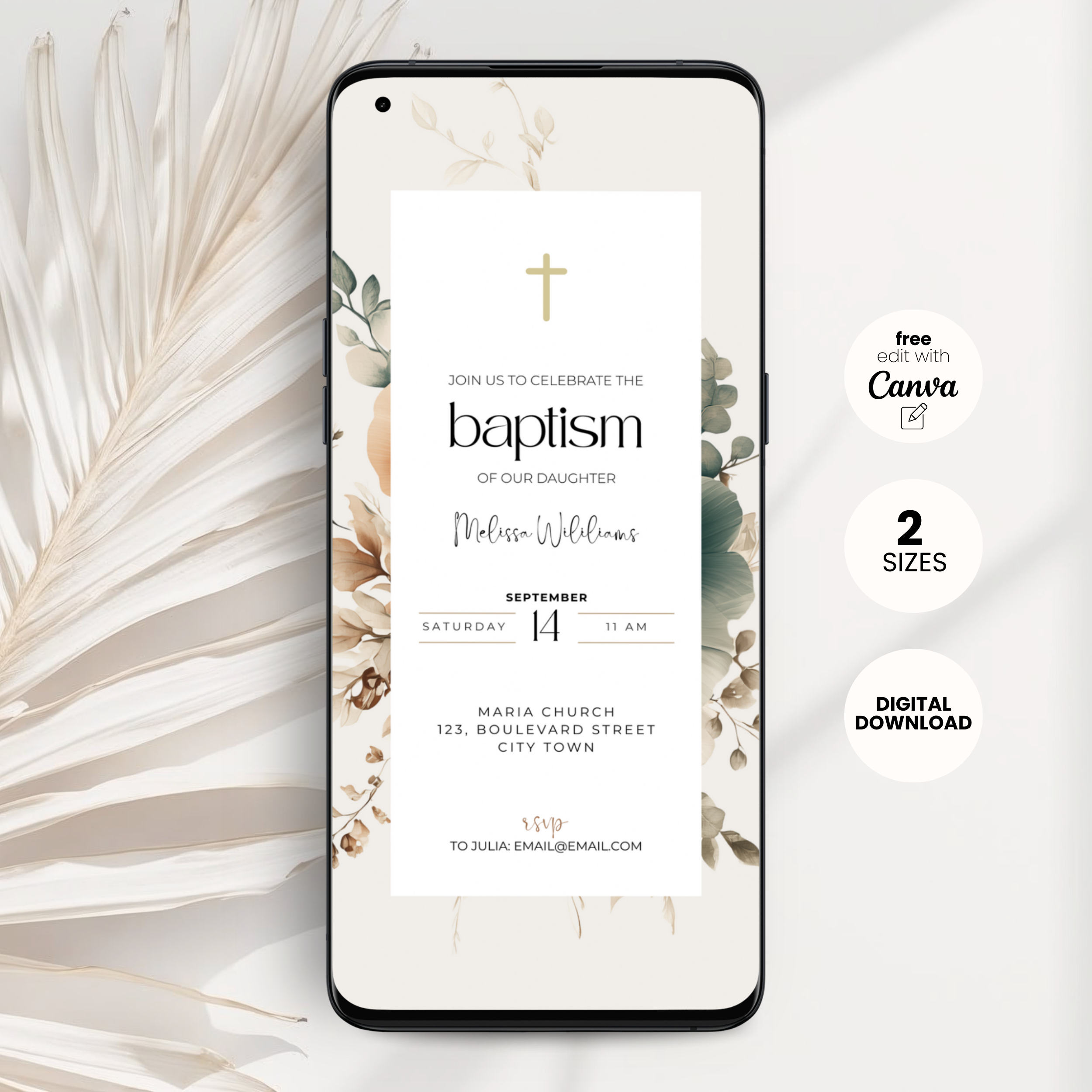 Phone screen displaying a baptism invitation with floral design on a white background