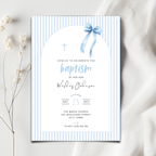 Baptism invitation card with blue ribbon and stripes on a white background